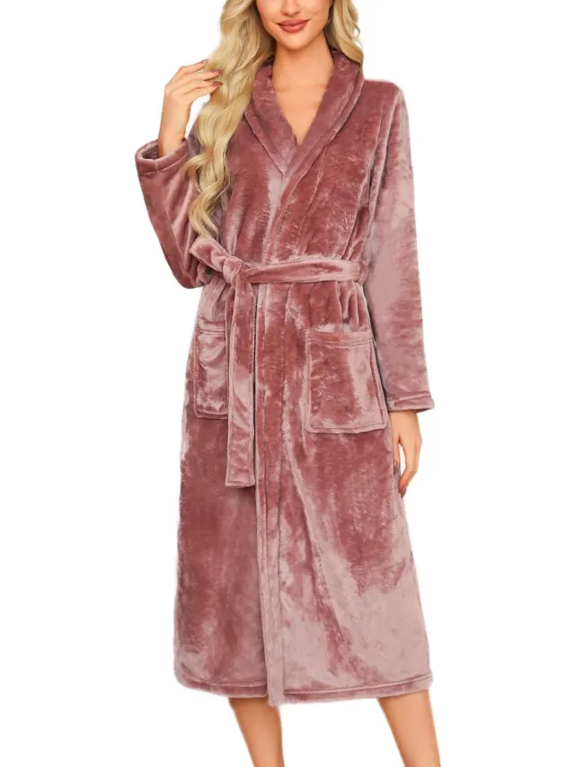 Unyqoos Warme en comfortabele fleece badjas voor dames met lange mouwen en zakken grijsbruin