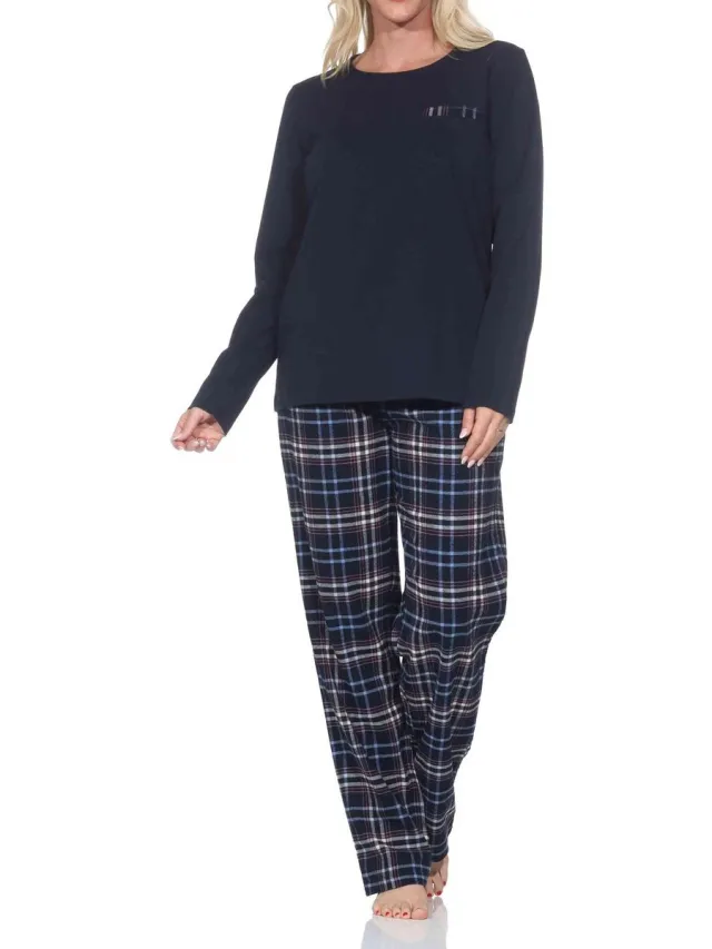 Normann lange damespyjama met geruite flanellen pyjama navy
