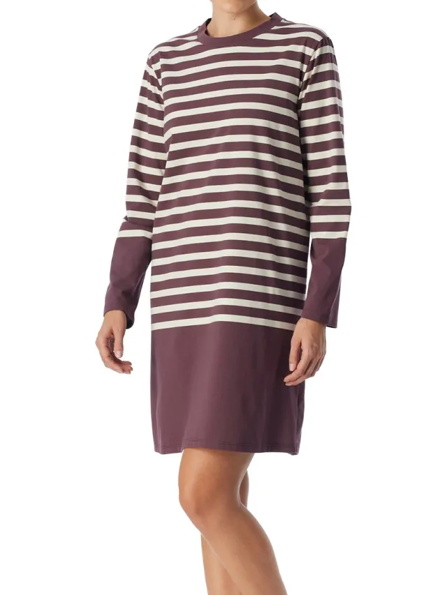 Schiesser dames Casual Nightwear nachthemd met lange mouwen met streepjes - cacaobruin dessin