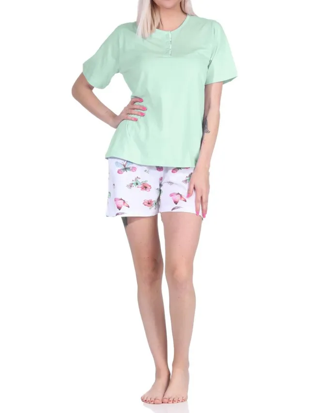 Normann dames pyjama shorty met korte mouwen en capri pyjamabroek in Floral Allover Print helltürkis