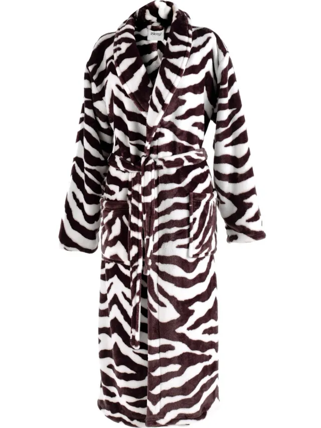 iSleep Badjas - Zebra Print - Zachte Fleece - Lang Model - Bruin/Wit