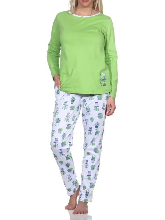 Normann damespyjama met lange mouwen en pyjamabroek in prachtig design grün