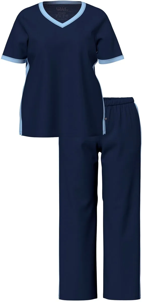 Ulla Popken Dames - Pyjama zijstrepen V-hals korte mouwen - Nachtblauw - Maat 54+
