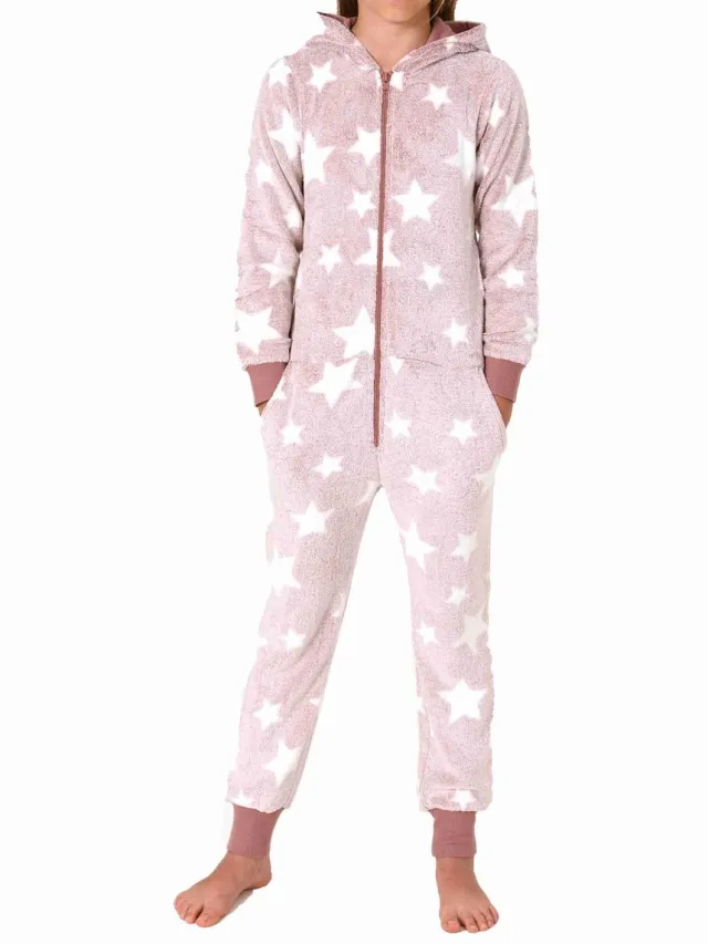 Normann Meisjespyjama jumpsuit in sterdessin van behaaglijk warm koraalfleece rosa
