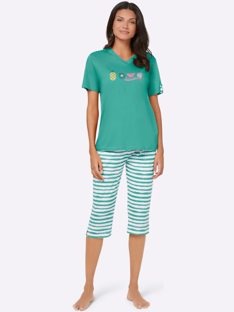 Capri-pyjama's groen + groen gestreept