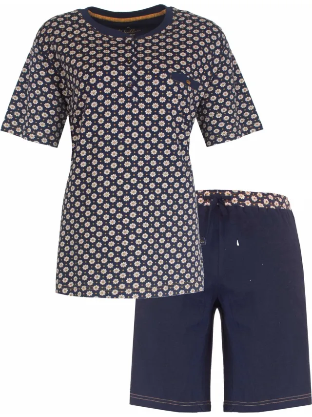 Medaillon Dames Shortama - Slaapset - 100% Katoen - Blauw