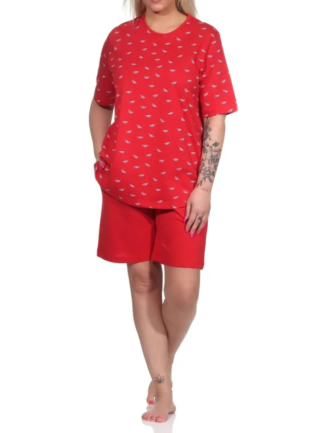 Normann Damespyjama shorty met korte mouwen in maritieme look - ook in oversized rot