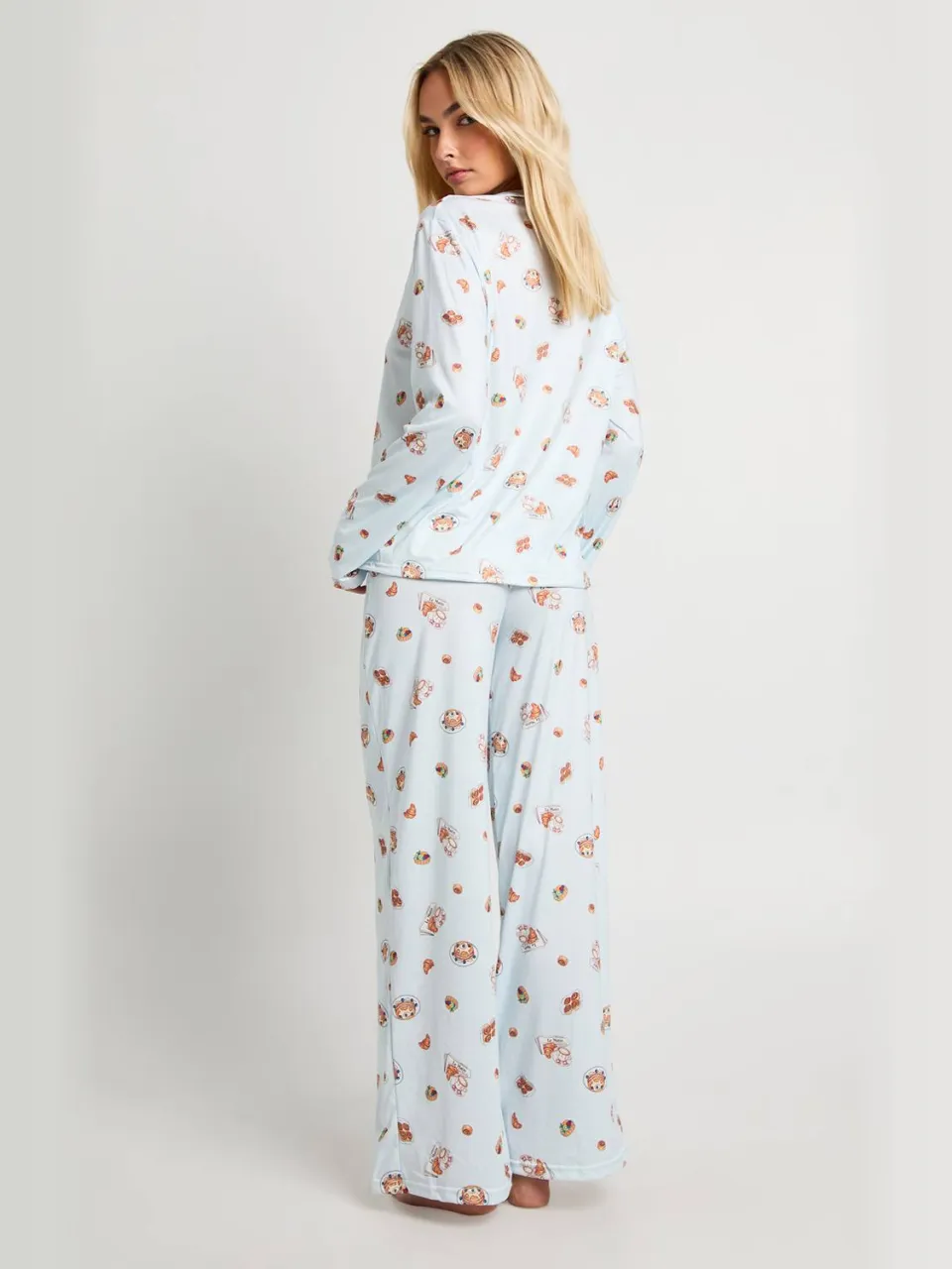 boohoo Dames Ontbijtdruk Langarmig Overhemd en Broek Pyjamaset blauw, foto 2
