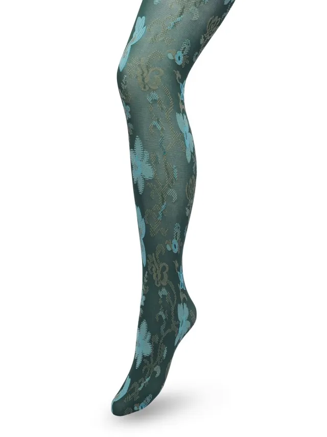Bonnie Doon Bloemen Panty 60 Denier Donker Groen Dames - Bloemenprint - Gebloemd - Print - Gladde Naden - Maximaal Draagcomfort - Floral Ornament Tights - Chique Panty - Feestelijk - Donkergroen - Trekking Green - BP221905.380