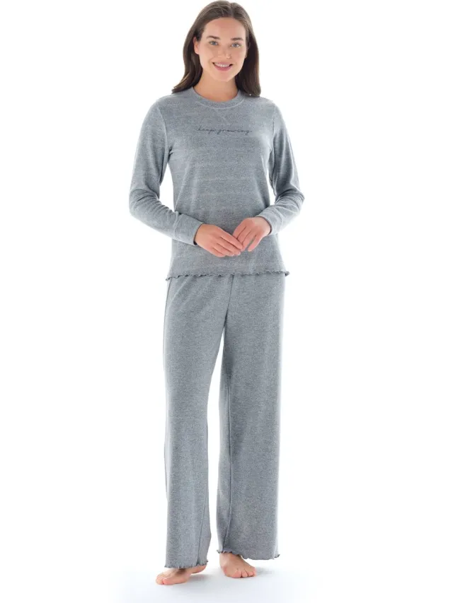 Feyza Dames Pyjama Set, Lange Mouwen, Grijs