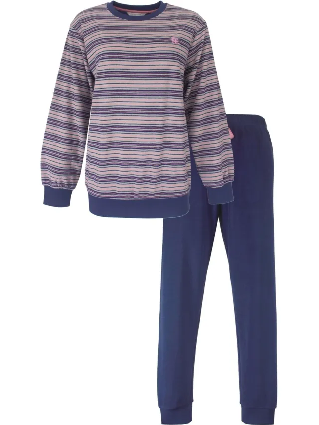 Tenderness Dames Pyjama - Badstof - Lange Mouwen - Blauw Donkerblauw