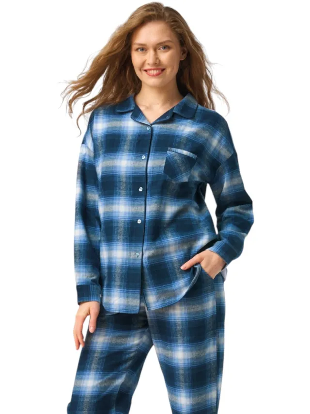 Key Flanellen Pyjama Dames Marine Ruit LNS 465 36 / Donkerblauw