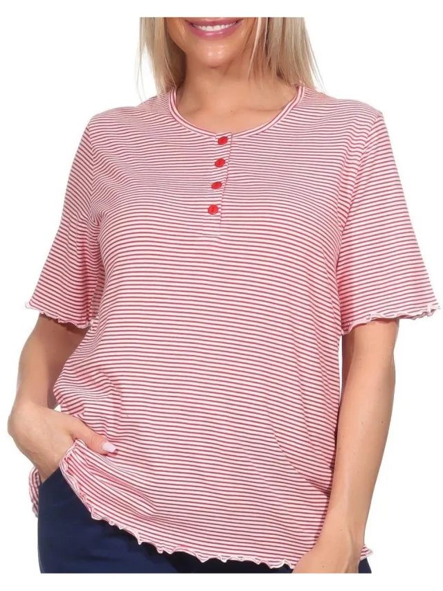 Normann Damespyjamashirt met korte mouwen mix & match streifen_pink