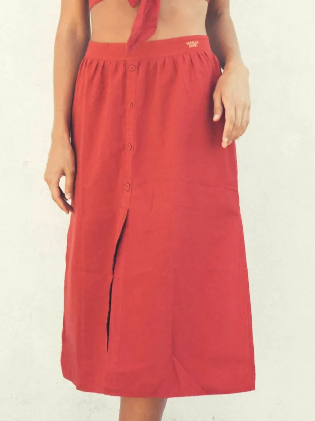 Vanilla Sand dames vegan Midirok Comporta Hoge Taille Bes Donkerrood