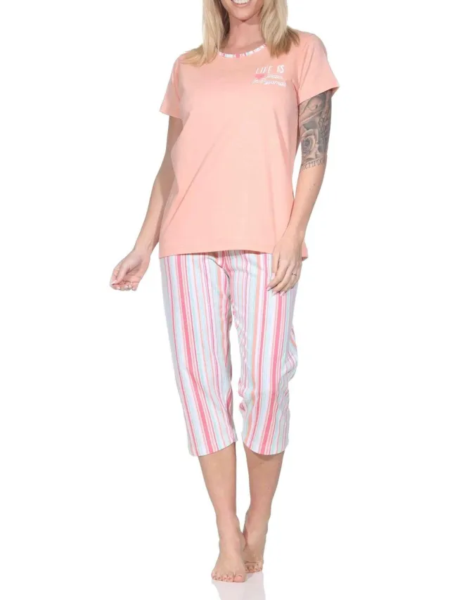 Normann dames pyjama met korte mouwen en gestreepte capri pyjamabroek apricot