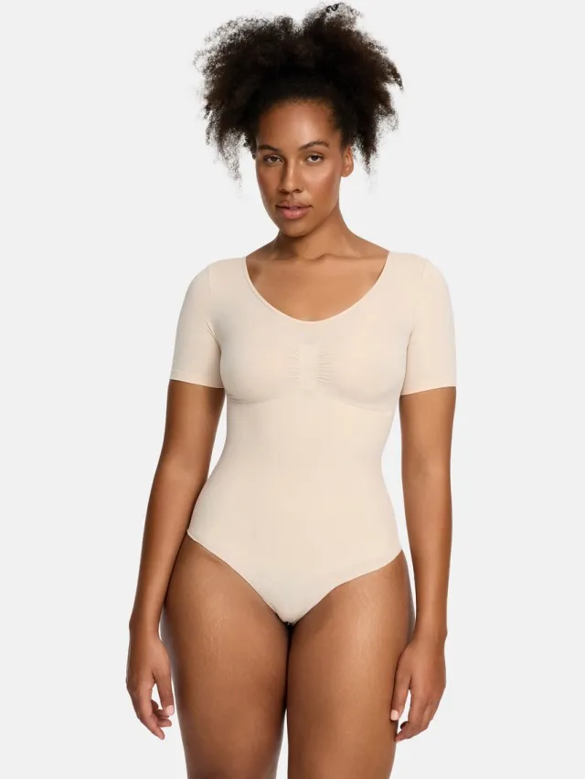 cfab T-shirt bodysuit corrigerende shapewear met slipje - Zandkleur - 4XL - Corrigerende Body - Naadlos - corrigerend ondergoed dames