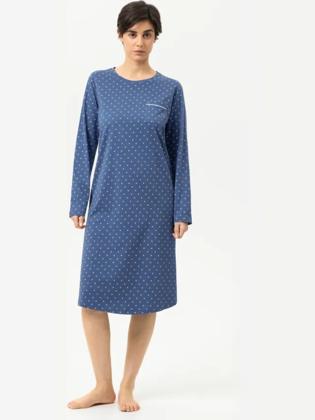 Mey Nachtjapon met lange mouwen Serie Polka Dreams Midnight Dust blauw