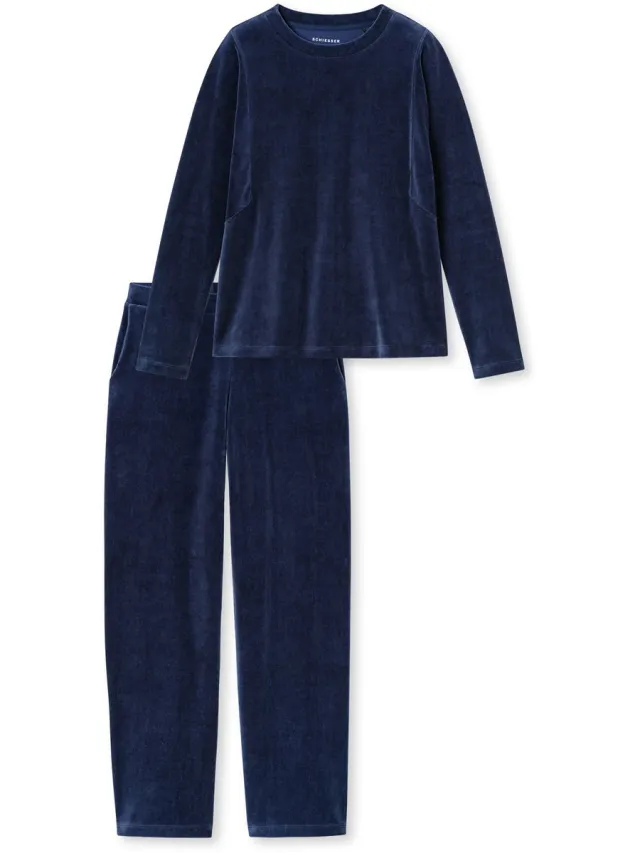 Schiesser dames Casual Velour lang loungeset van velours - deep sea blue - lange pyjama - deepseablue