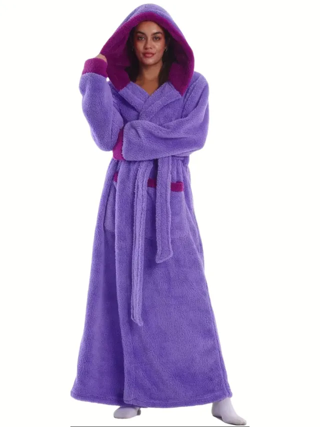 Currero Badjas Dames - Fleece - Katoen - Badstof - Sauna - Hamam - Wafel - Bathrobe - Duster - Ochtendjas - Spa - Kimono - Paars Met Capuchon Paars - Met capuchon Een maat