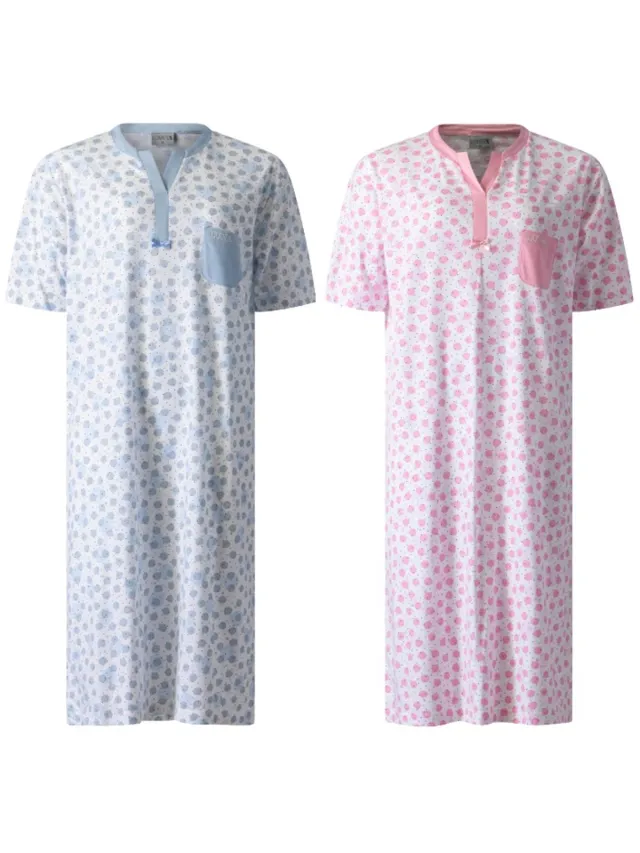 Lunatex 2 dames nachthemden 224176 - korte mouw - 100% katoen - blauw en roze