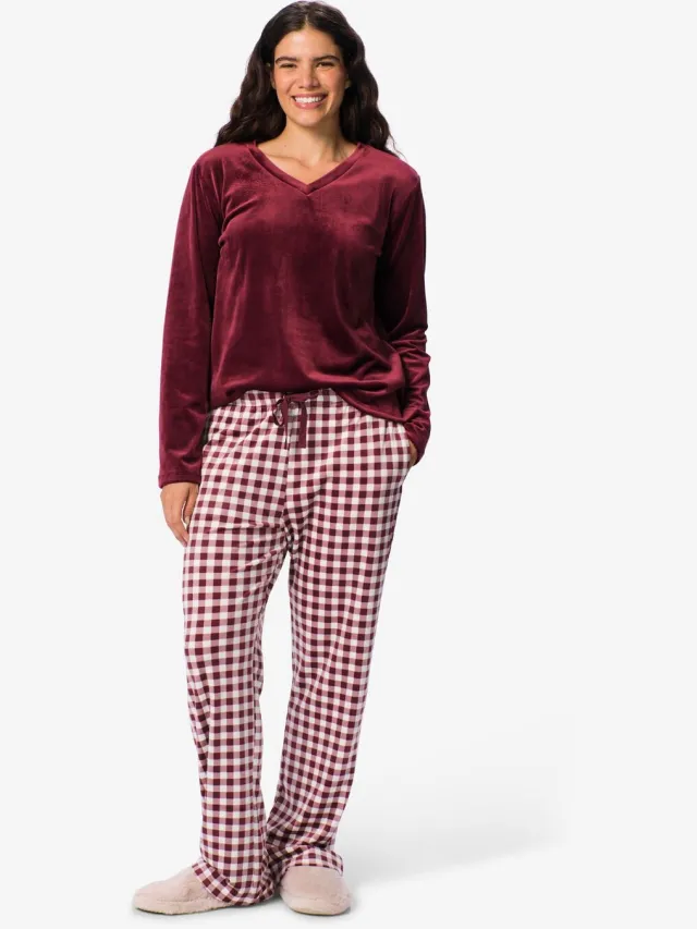HEMA Damespyjamabroek velours ruiten donkerrood