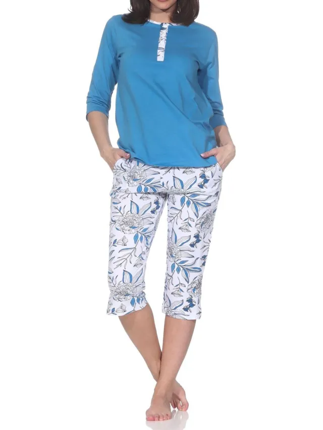 Normann Prachtige damespyjama met korte mouwen en capri broek in bloemenprint - ook in oversize blau1