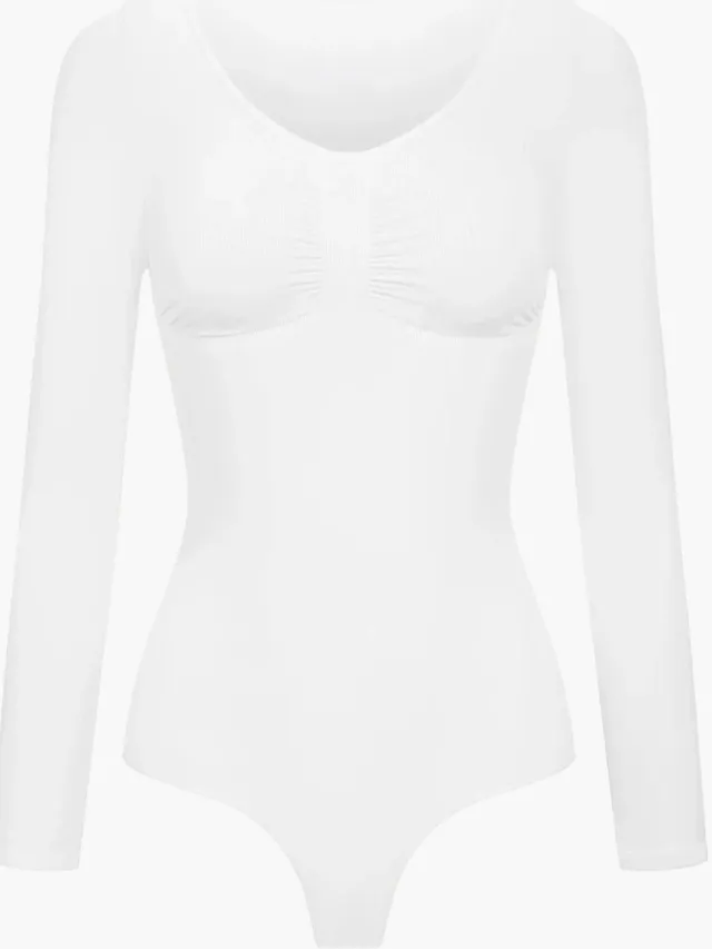 cfab Bodysuit met corrigerende werking, lange mouwen en strik - Wit