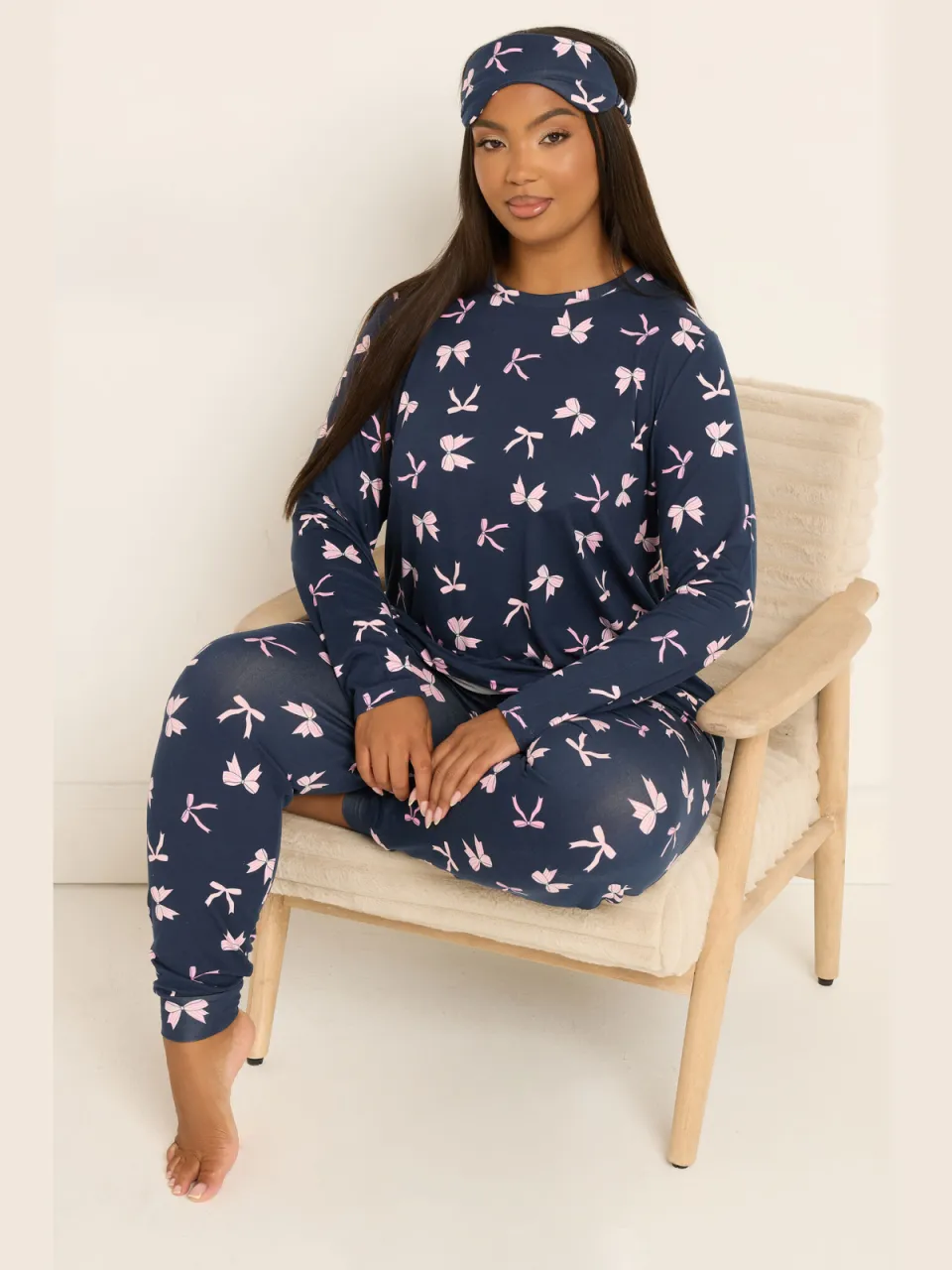 Yours Marineblauwe Strik Zachte Pyjama En Slaapmaskerset-48 Blue