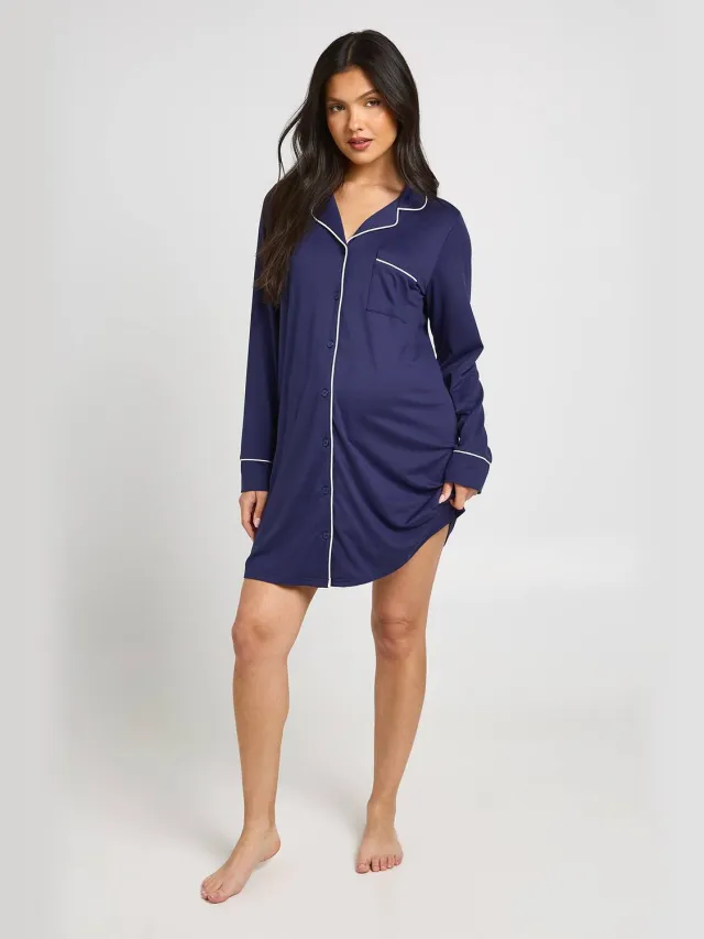 boohoo Dames Zwangerschapsnachthemd Met Paspeldetail Marineblauw