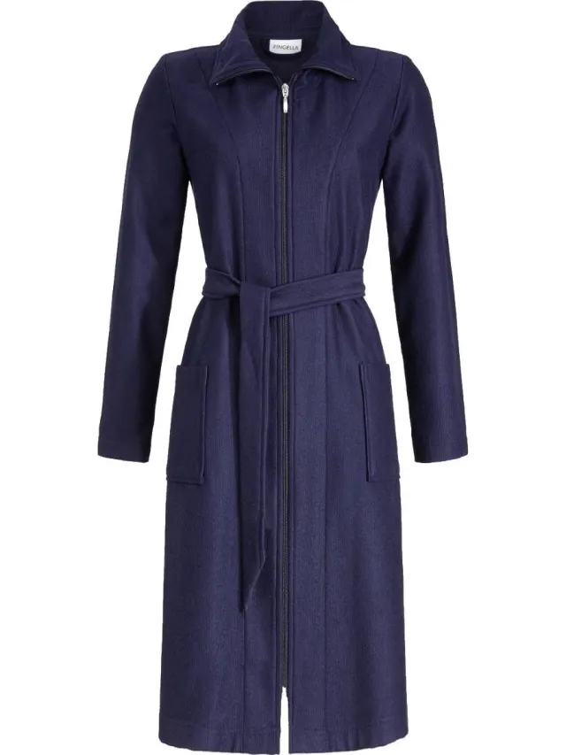 Ringella Nachtblauwe badstof dames badjas ritssluiting - Blauw - Maat - 38