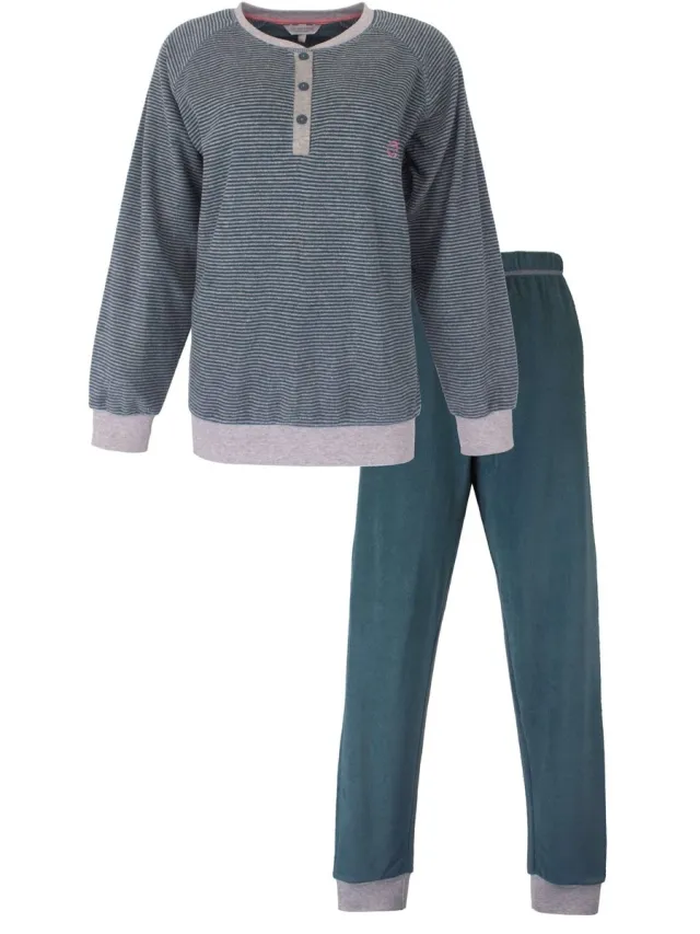 Tenderness Dames Pyjama - Badstof - Lange Mouwen - Petrol Groen