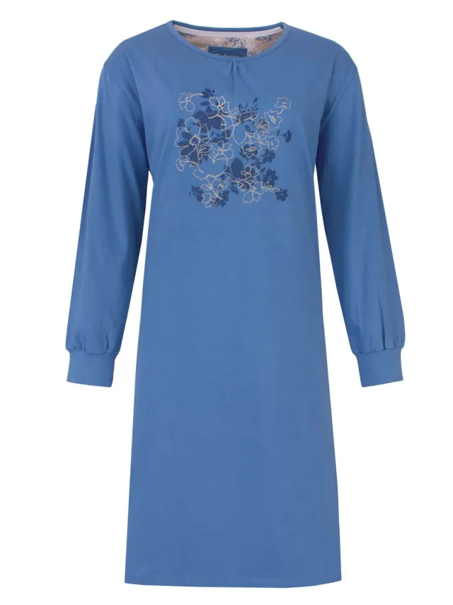 Tenderness Dames Nachthemd - Katoen - Lange Mouwen - Ronde Hals - Blauw
