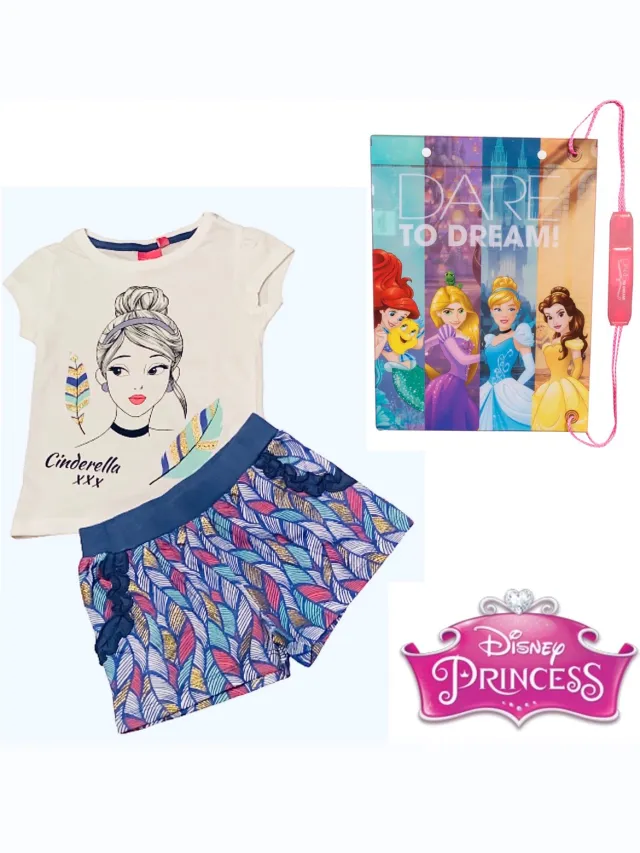 Disney Princess - 2-delige Set - Shortama - Assepoester - Wit/Paars - Maat 104 (4 jaar) + Tas