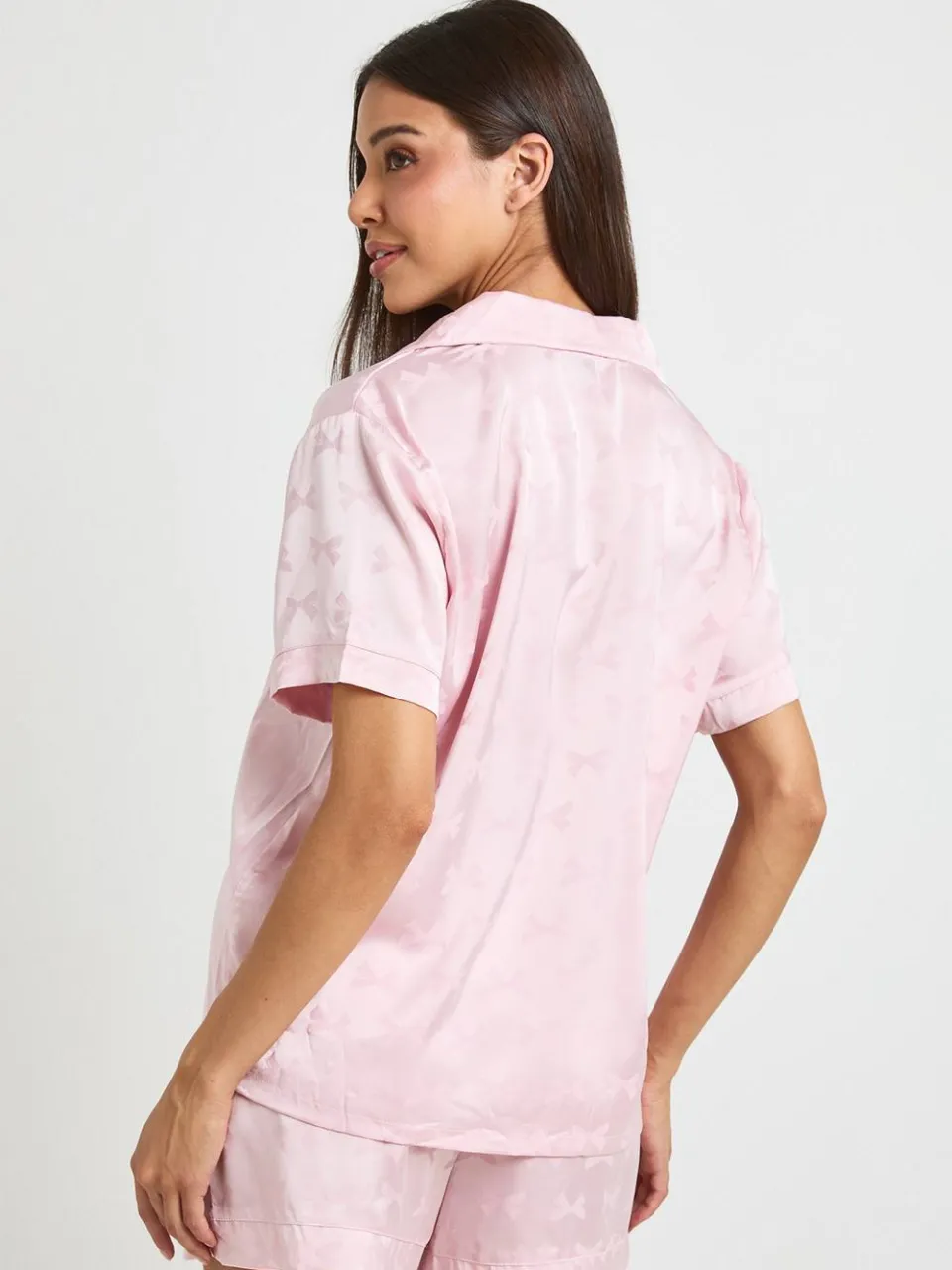 boohoo Dames Satijnen Pyjama Set Met Korte Mouwen En Strikjes Jacquard lichtroze, foto 2