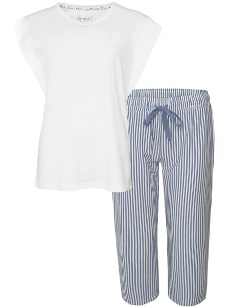 By Louise Dames capri korte pyjama set wit/blauw gestreept Veelkleurig