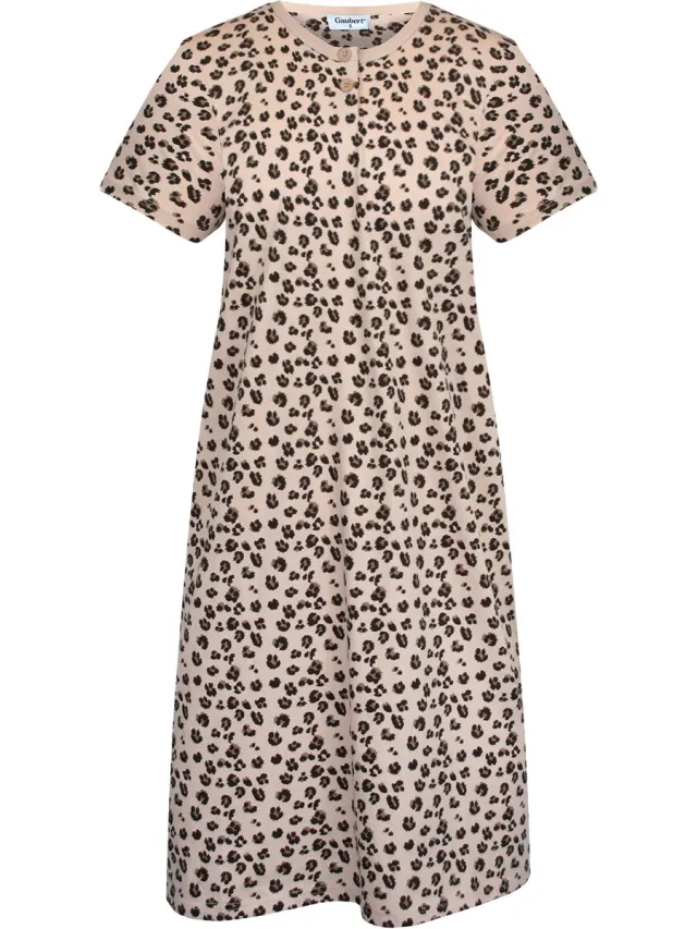 GAUBERT Essential Dames Nachthemd Korte Mouw - Premium Gekamd Katoen - AOP Panterprint - Beige - GB-6821 Korte Mouw, Beige, Panterprint