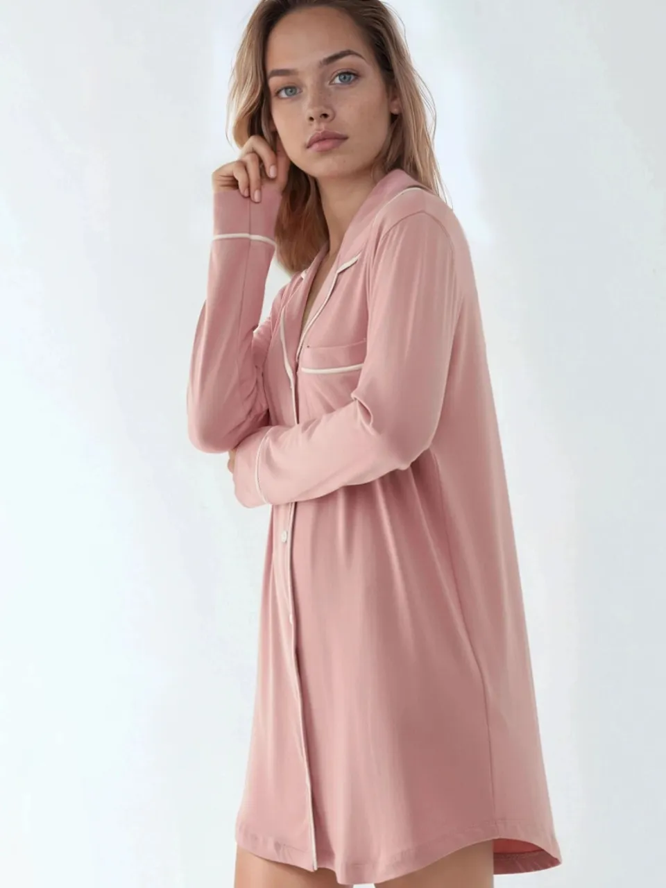 Hiccup Ultra Zachte Touch Ontspannen Pasvorm Mini Lounge Jurk met Overhemdkraag lichtroze, foto 2