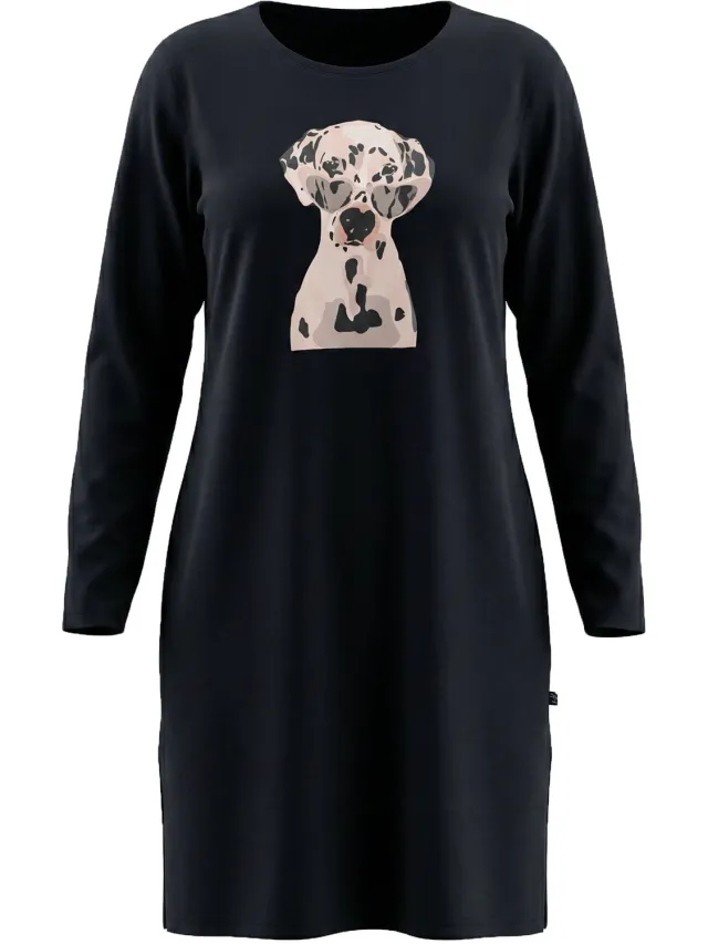 Ulla Popken Dames - Bigshirt dalmatiër ronde hals lange mouwen - Zwart - Maat 58+