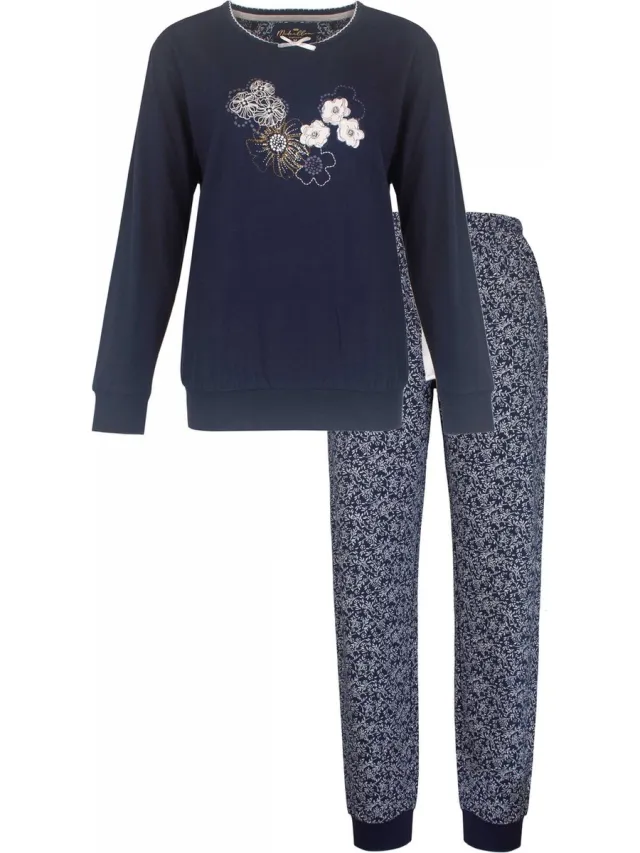 Medaillon Dames Pyjama - 100% Gekamde Katoen - Navy Blauw