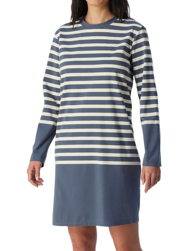 Schiesser dames Casual Nightwear nachthemd met lange mouwen met streepjes - blauwgrijs dessin
