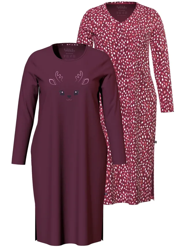 Ulla Popken Dames - Bigshirts set van 2 ronde hals / V-hals lange mouwen - Donkerbruin - Maat 58+