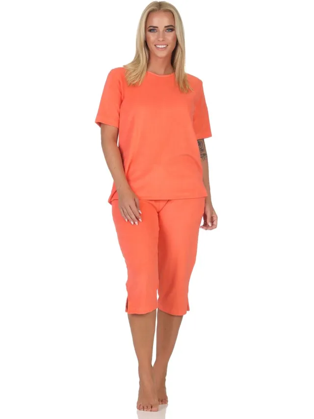 Normann damespyjama met korte mouwen in badstof capri - ook ideaal als homewear oranje
