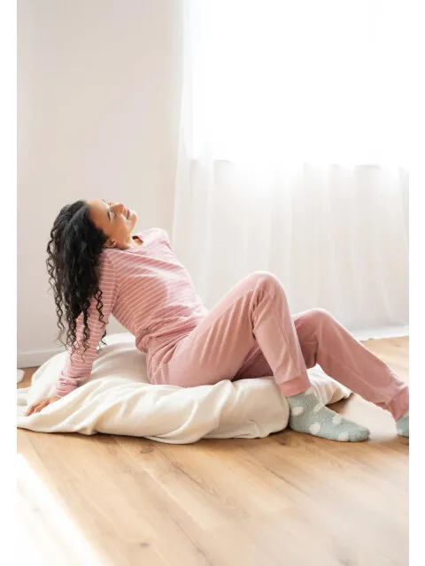 By Louise Dames winter pyjama set lang badstof gestreept roze, foto 2