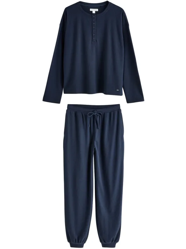 Next Dames - Behaaglijke Henley-pyjama van wafelstof met lange mouwen - Tall - Blauw Navy