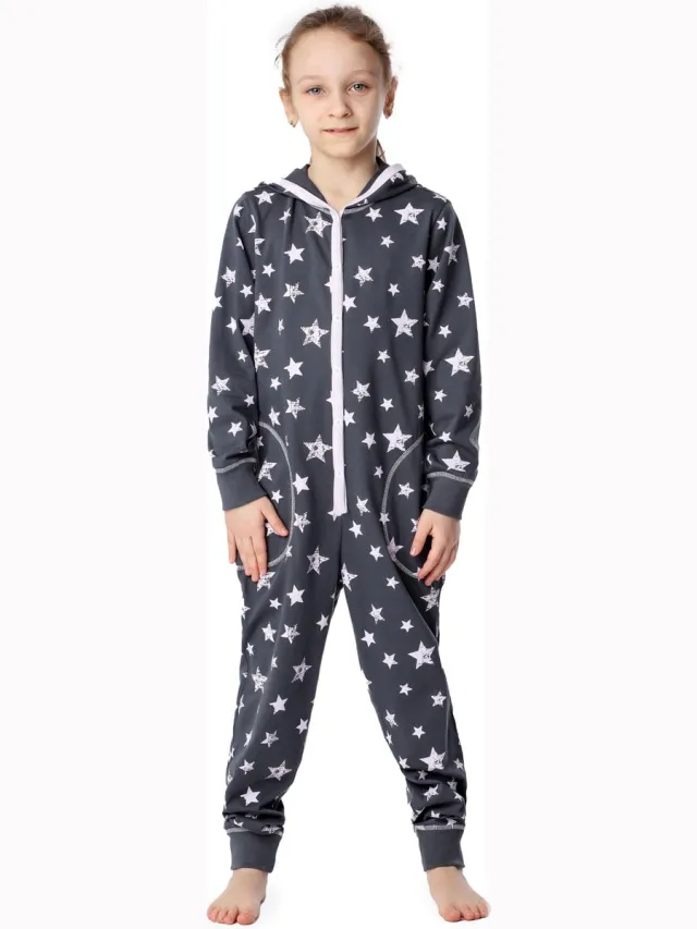 Merry Style Kinder Pyjama - ronde hals - lange mouwen - lange broek met zakken - Katoen - MS-MS10-223-PJ - Grau Rosa Sterne - 134-140