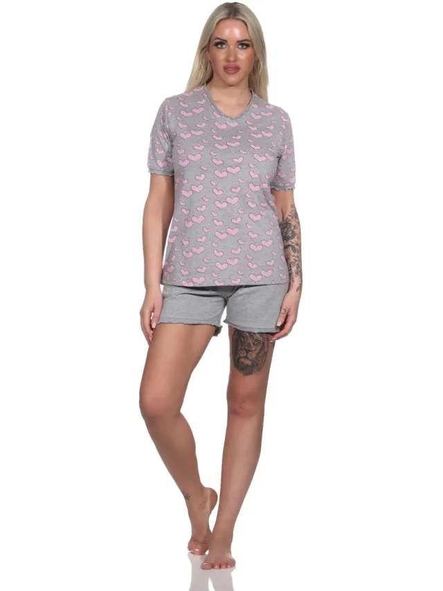 Normann Dames Korte Mouw Shorty Pyjama in Hartmotief Optiek - Ook in Oversizes grau-mel.