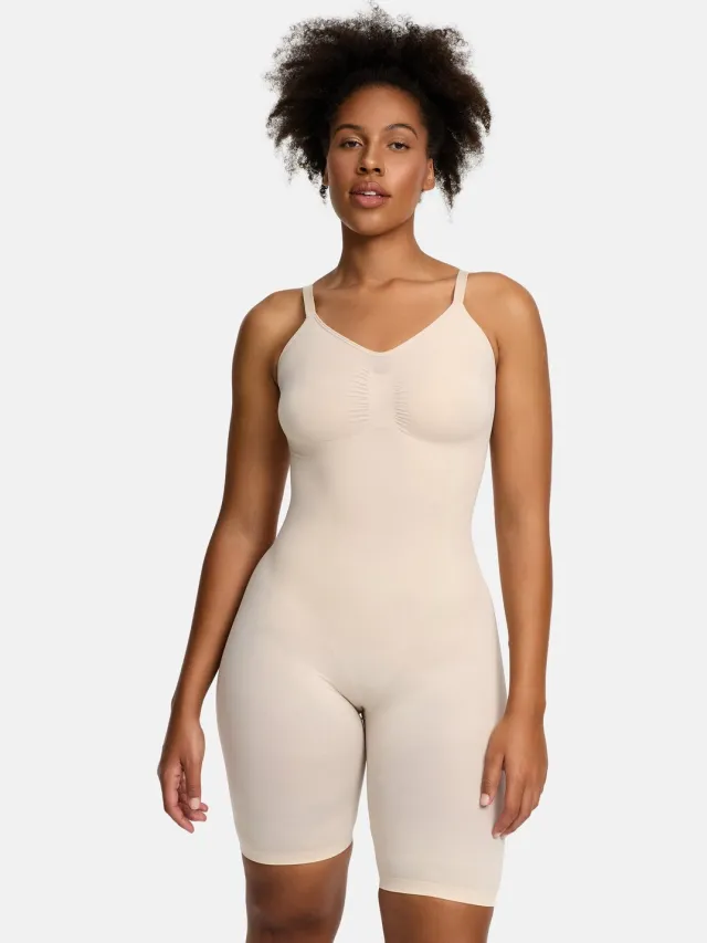 cfab Bodysuit met corrigerende shapewear en bijpassende shorts - Sand-S - Corrigerende Body - Naadlos - corrigerend ondergoed dames Zand