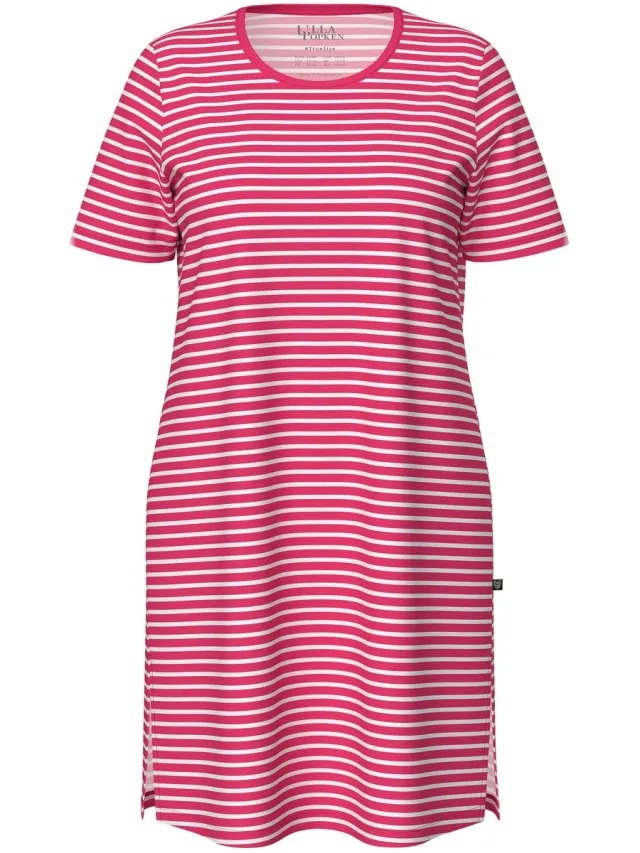 Ulla Popken Dames - Bigshirt strepen ronde hals korte mouwen biologisch katoen - Fuchsiarood - Maat 42+