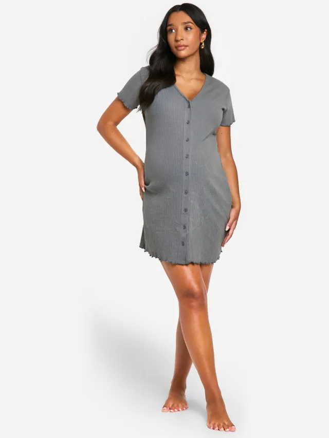 boohoo Dames Maternity Ribbed Button Down Nightie Houtskool