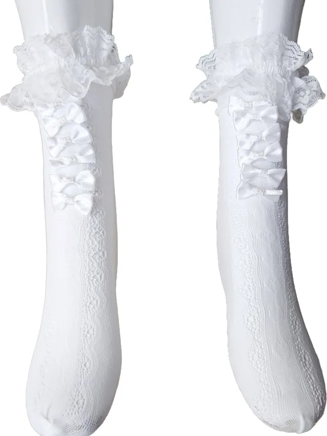 BamBella Knie Sokken panty stof Dames - Onesize Wit met strikjes net Kniekousen - kousen
